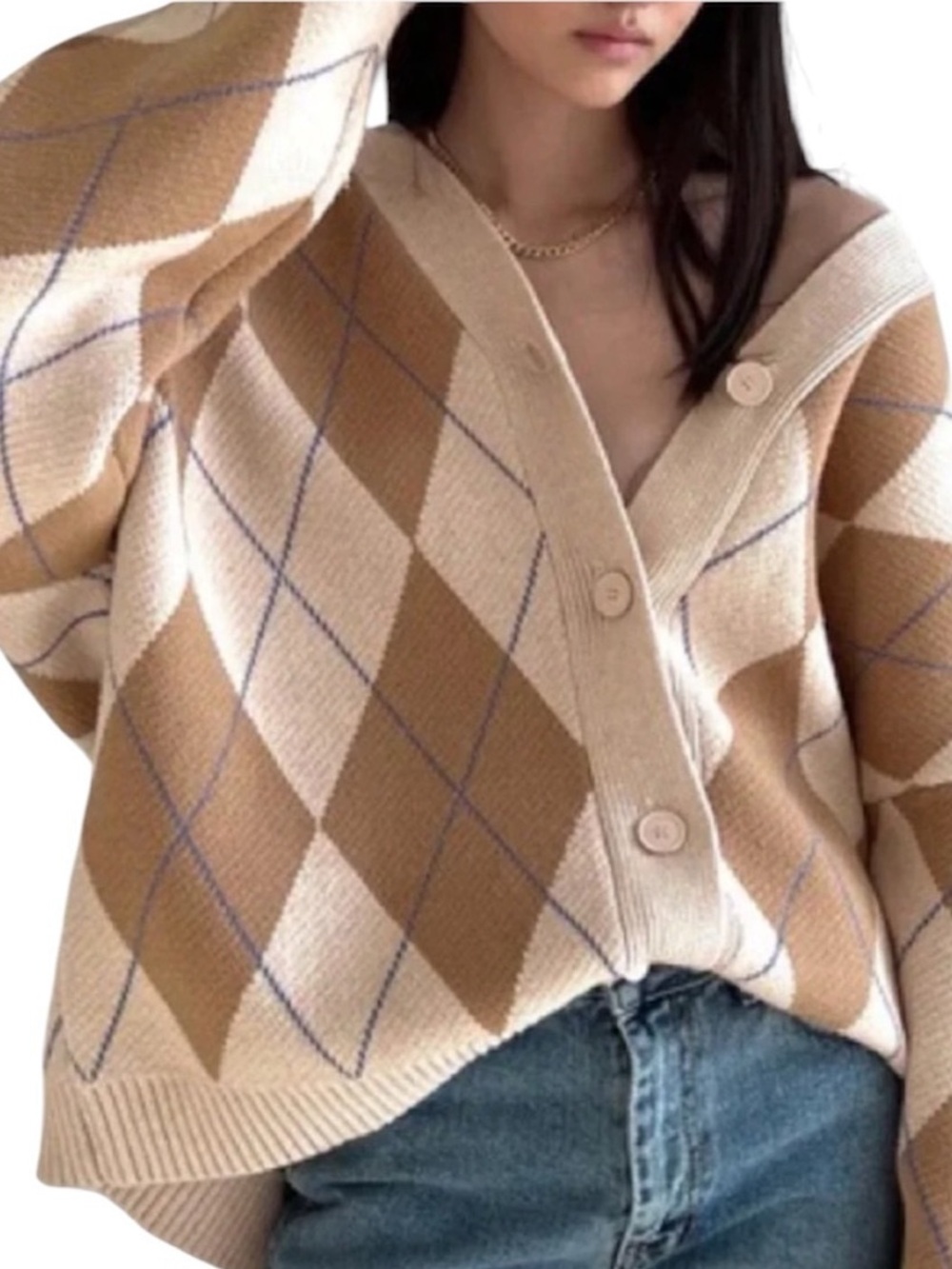 OAK + FORT OVERSIZED ARGYLE CARDIGAN SIZE XS IN OATMEAL ARGYLE Cozy Autumn Chic